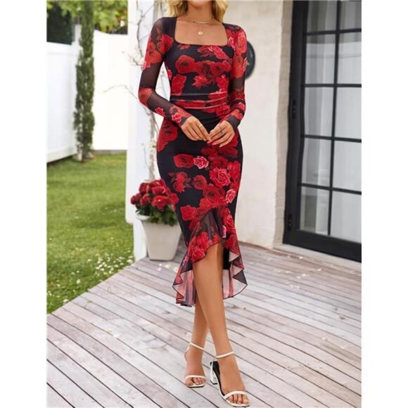Women's Long Sleeve Fall Dress Bodycon Square Neck Mesh Cocktail Midi Dress - Picture 3 of 6
